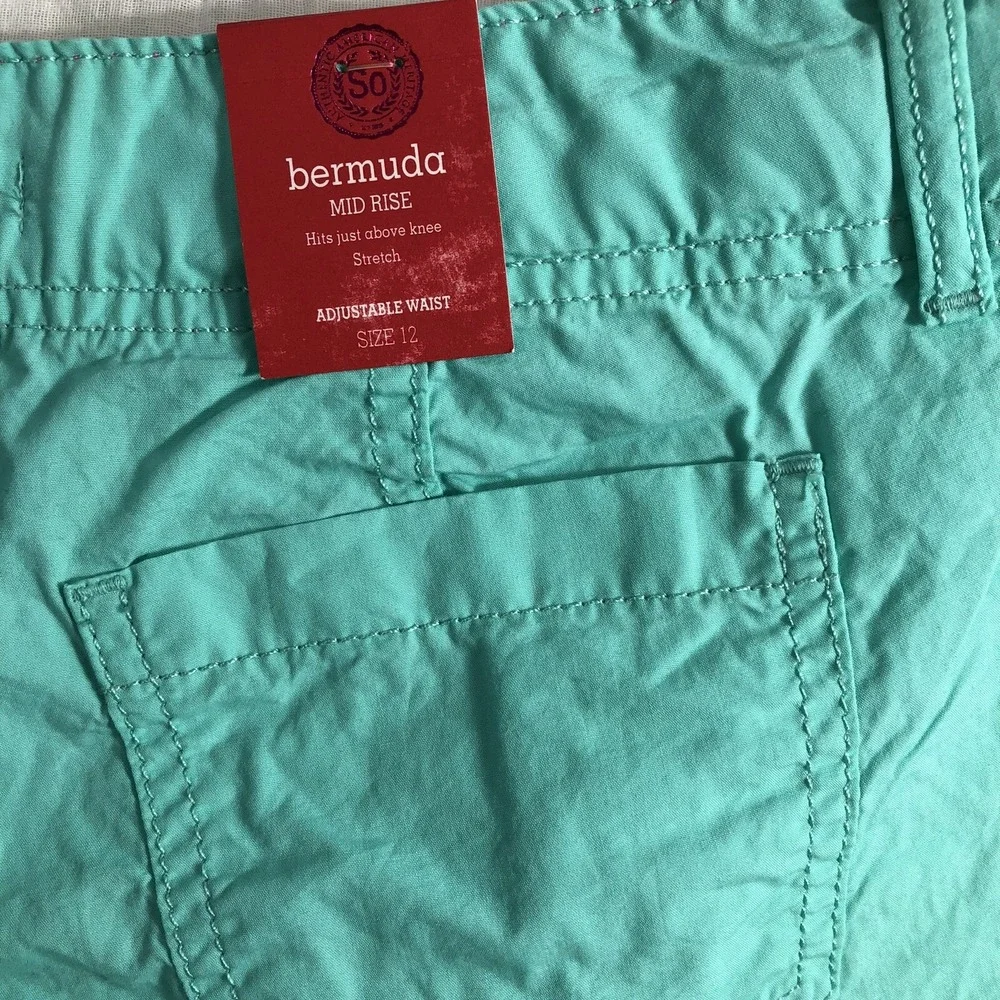 SO Shorts Girls 12 Aqua Blue Utility‎ Bermuda Cuffed Adjustable Waist Mid Rise